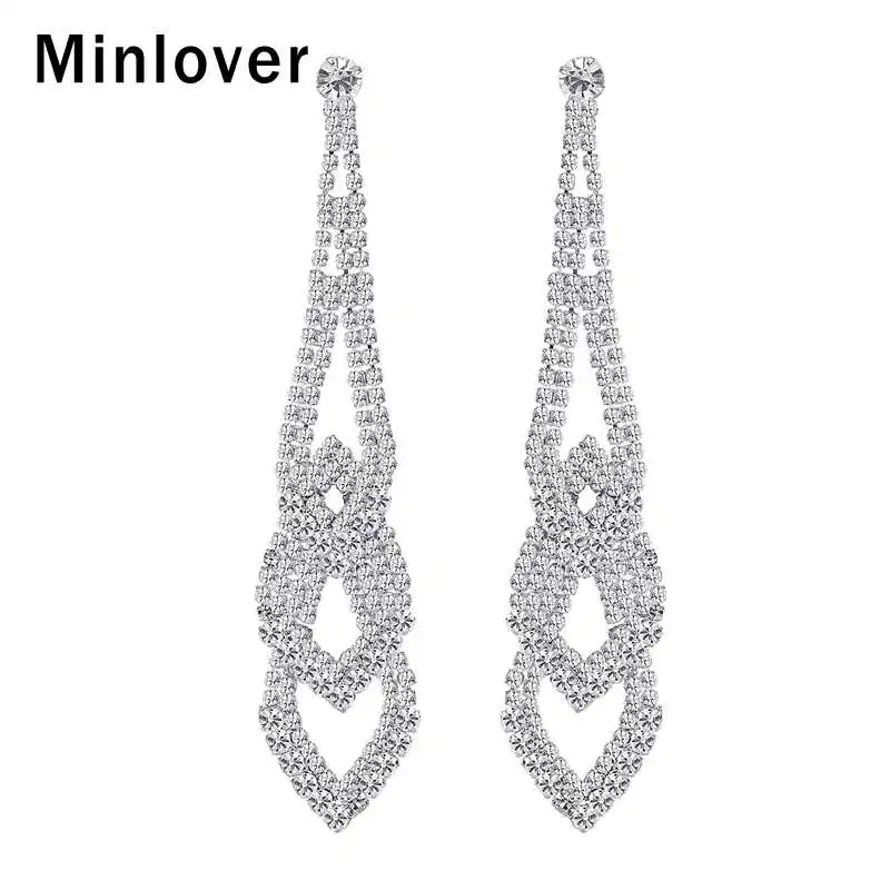 Minlover Rhinestone Geometric Long Pendant Drop Earrings Jewelry for Women Silver Color Hanging Dangle Wedding MEH1012 | Украшения и