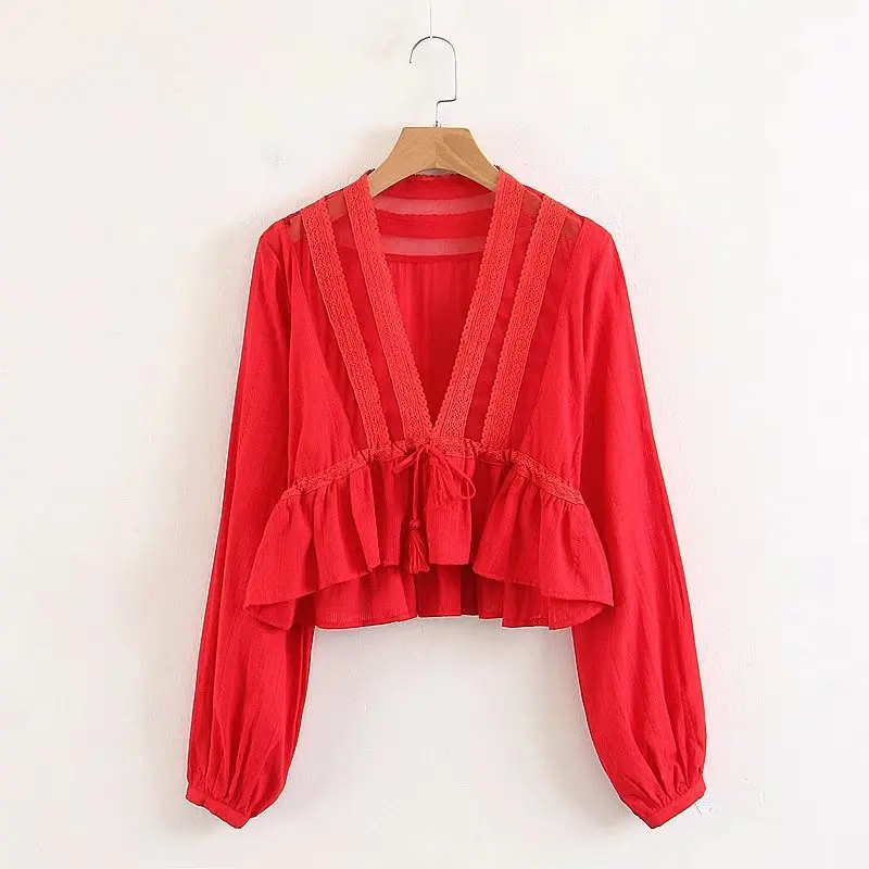 Осенние женские кружевные блузки рубашки топы сексуальные Модные с длинным