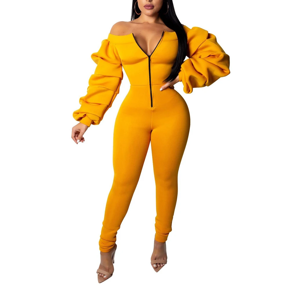 

Sexy Jumpsuit Ladies Winter Strapless Long-sleeved Zipper Party Jumpsuit Women's slim Bodysuit High Space Layer Jumpsuit