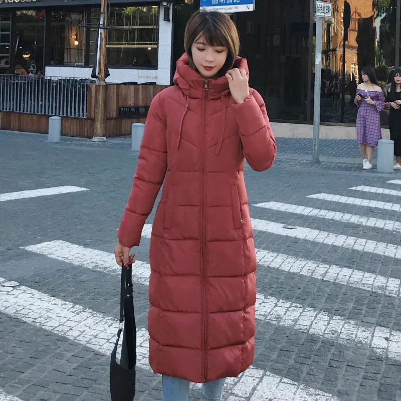 Brick red Женские зимние куртки размера плюс 4XL 5XL 6XL с капюшоном и стоячим воротником, Женское пальто с хлопковой подкладкой, зимняя женская длинная парка, теплая плотная куртка - Цвет: Brick red