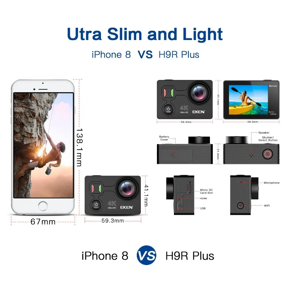 EKEN H9R Plus Экшн камера Ultra HD 4K Ambarella A12 4 k/30fps 1080 p/60fps Водонепроницаемая wifi Спортивная