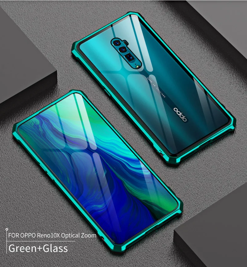 Green Роскошный Алюминиевый металлический бампер, защитный чехол для OPPO Reno 10x Zoom, чехол, противоударный, прозрачный, стеклянный, задняя крышка, OPPO Reno 10X Zoom coque - Цвет: Green