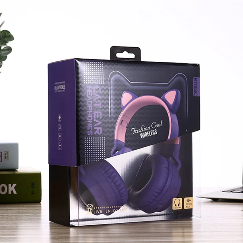 Purple with box Dosmix светодиодный кошачьи наушники с шумоподавлением, Bluetooth 5,0, детская гарнитура, поддержка TF карты, разъем 3,5 мм, с микрофоном - Цвет: Purple with box
