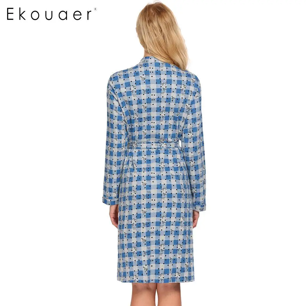 Ekouaer 100% хлопковый Халат женский халат ночная рубашка в клетку с длинным рукавом
