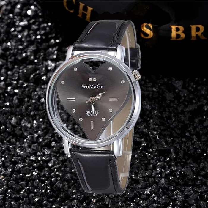 Black Fashion Casual Women Dress Watches Top Brand Leather Strap Ladies Quartz Wristwatch Luxury Female Clock Heart Shape Watch Gift - Color: Black