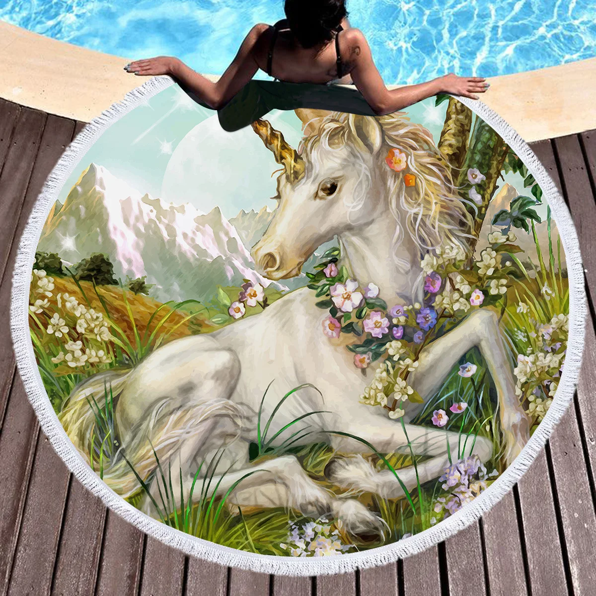 Cute 3d Horse Printed Unicorn Microfiber Painting Large Round Beach Towel Yoga Mat Thick Terry Cloth with Tassels Blanket |