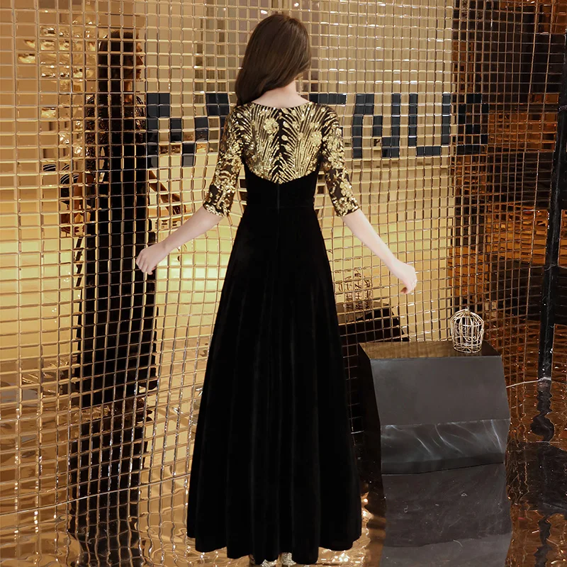 Robe de soiree черный велюр вечерние платья с круглым вырезом дизайн элегантное расшитое блестками длинное в пол бархатные вечерние платья LYFY93