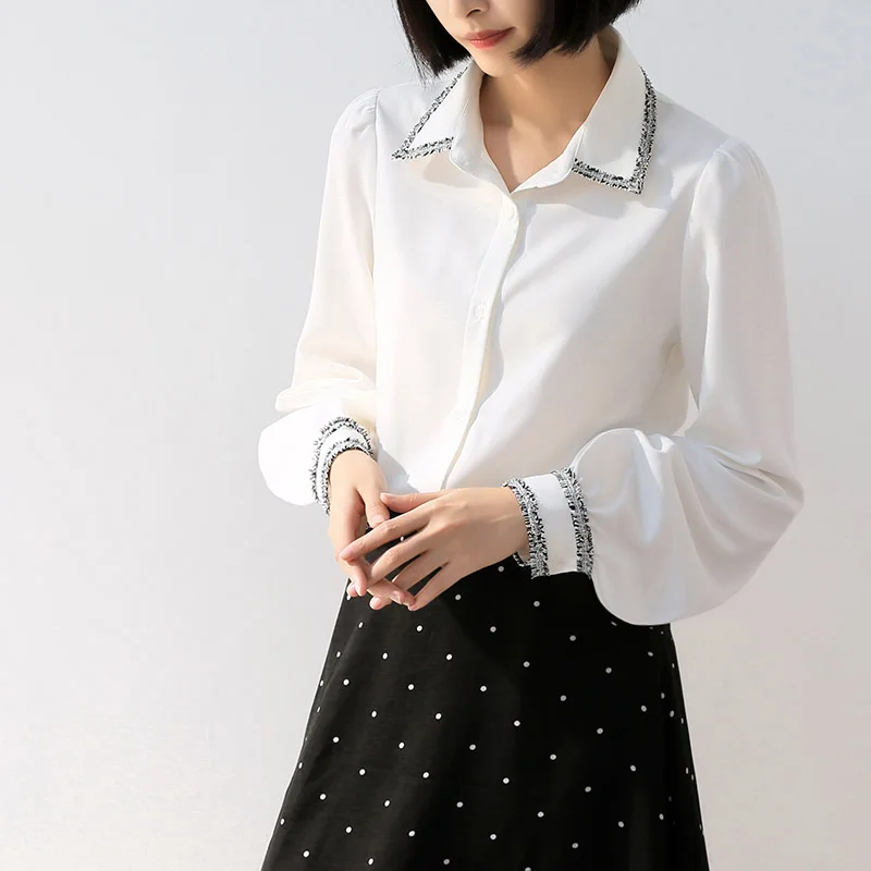 

Women Blouses White Chiffon Shirt Female Long Sleeve Spring Summer OL Temperament Button Wear Vintage Lantern Sleeve Tops New