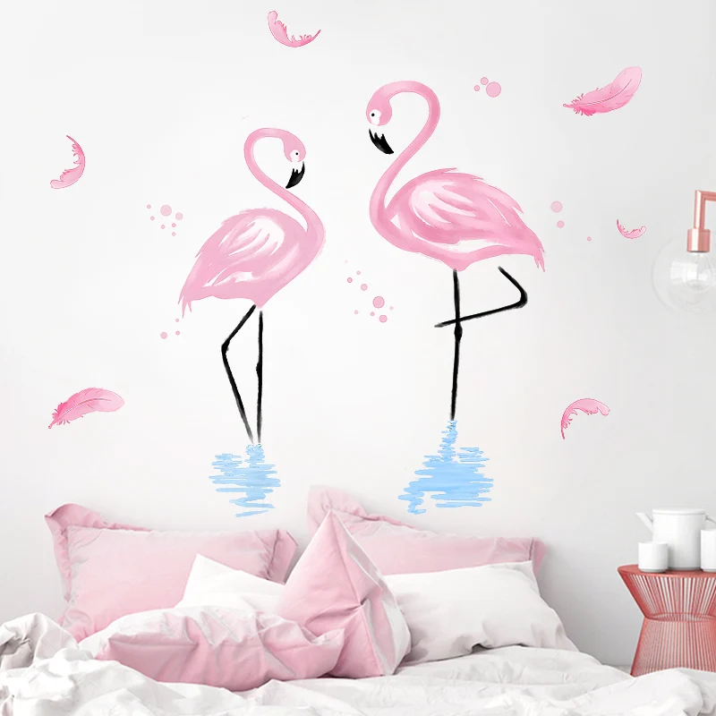 [SHIJUEHEZI] Romantic Flamingo Wall Stickers PVC Material DIY Feathers Decals for Kids Rooms Living Room Decoration | Дом и сад