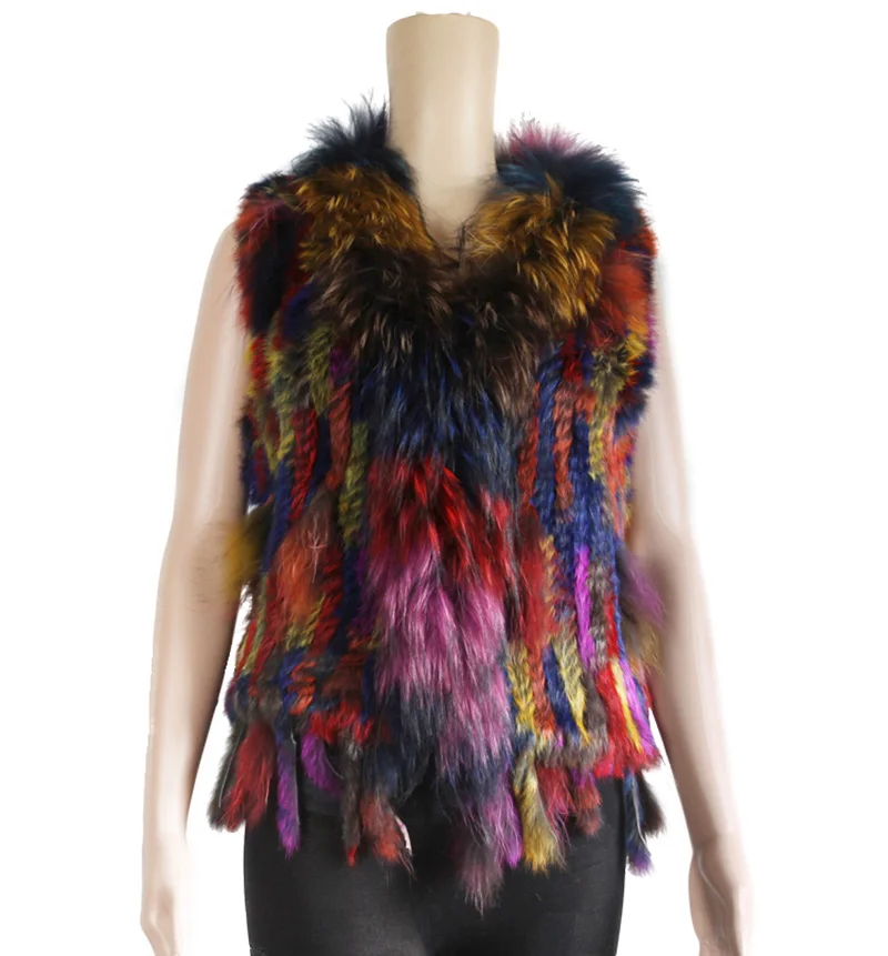 

Colorful Women Real Rabbit Fur Knitted Raccoon Fur Vest Women's Vests Knit Gilets Waistcoat Coat FRV005