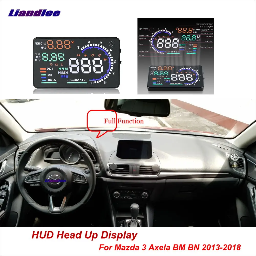 

Автомобильный дисплей на лобовое стекло Liandlee HUD для Mazda 3 Axela BM BN 2013-2018, динамический водительский компьютер, HD Проекционный экран, детектор OBD ...