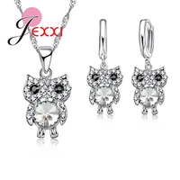 high quality cute owl shaped african black crystal women genuine 925 pendant necklace hoop earring sterling silver jewelry