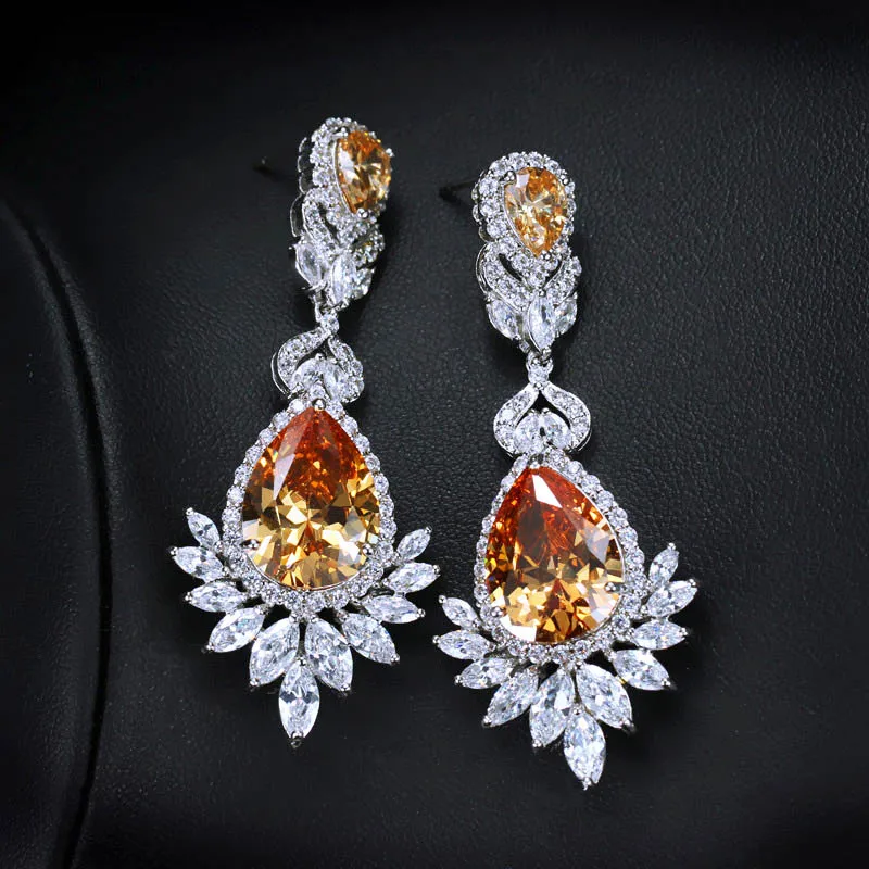 champagne CWWZircons Красивая королева Необычные красные кубические циркония Длинные свадебные Большие висячие серьги "Маркиза" невесты ювелирные изделия подарок CZ056 - Окраска металла: champagne