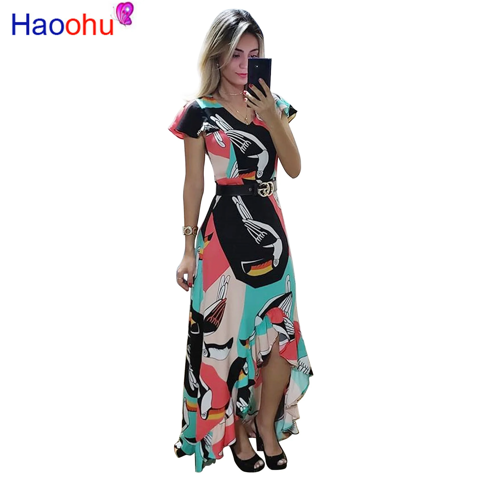 

HAOOHU Elegant Ladies V-neck Maxi Long Package Hip Dress Summer Women Fashion Geometric Printed Bandage Ruffles Party Dresses