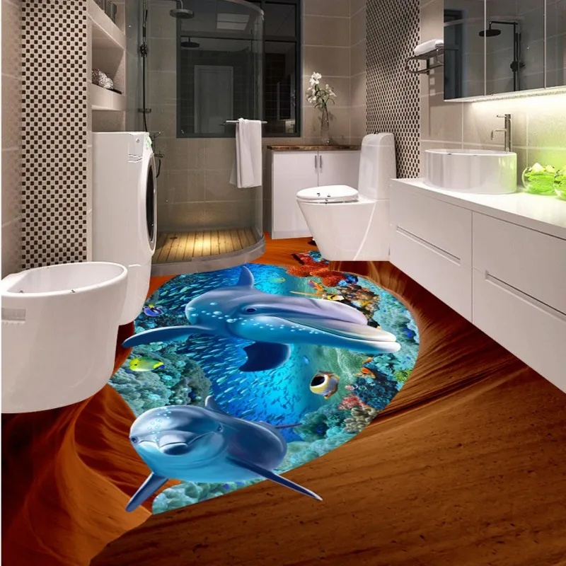 

Free Shipping Cave Sea Dolphin Submarine 3D Bathroom Kitchen Aisle Floor waterproof study lobby flooring mural