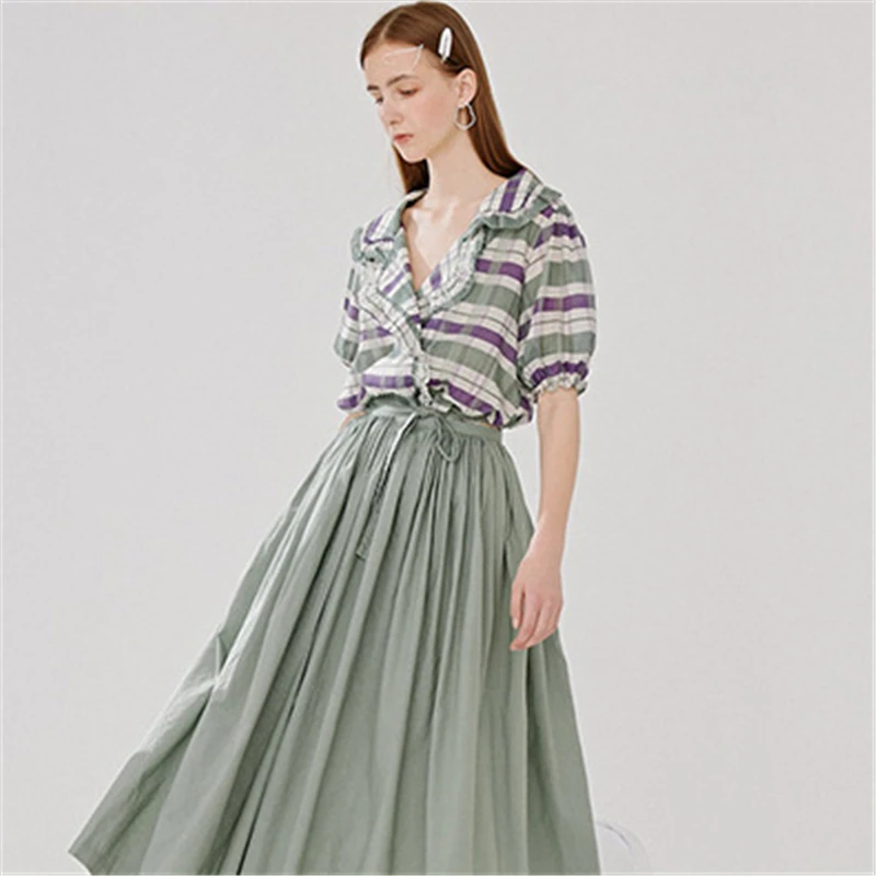 Женская зеленая клетчатая рубашка с v образным вырезом Клетчатая блузка