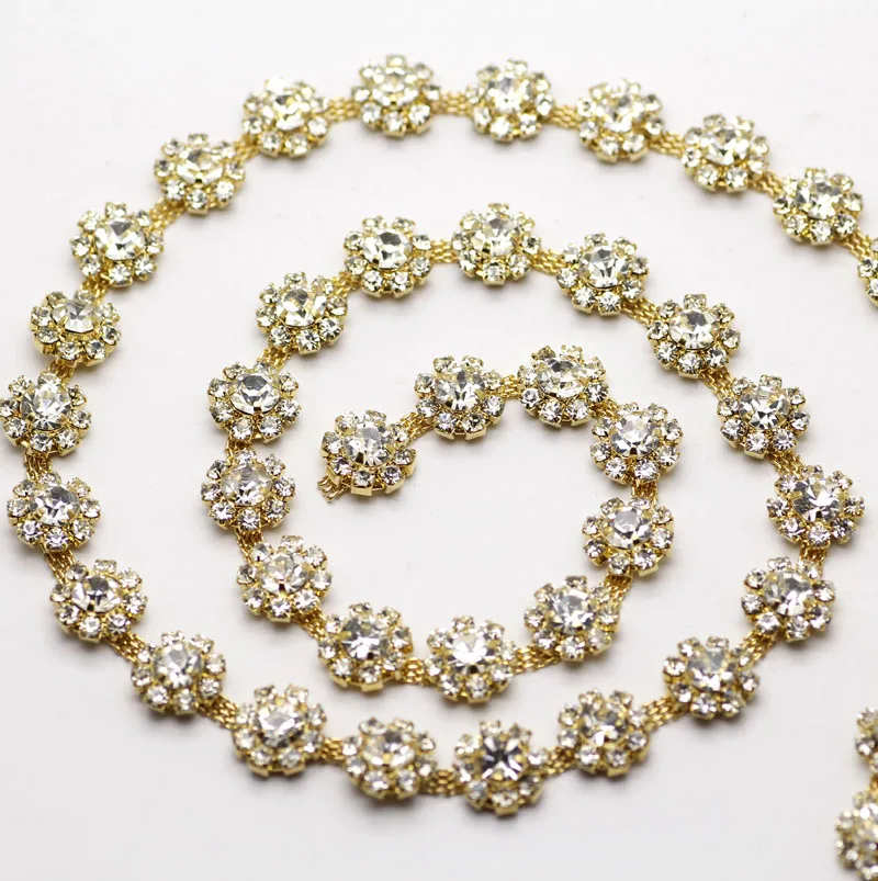

1 ярд AAA-Grade цветочные хрустальные прозрачные круглые стеклянные стразы с цепочкой для чашек золотого цвета, базовое платье с поясом и апплик...