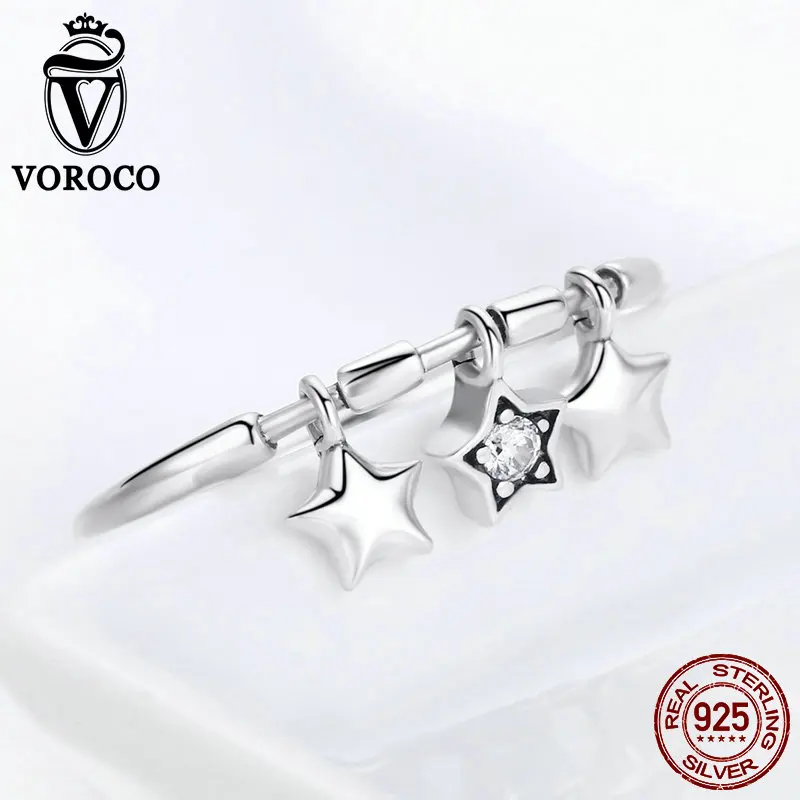 VOROCO 2019 Hot Sell Trendy Silver Ring Authentic 925 Sterling Dangle Star Dazzling Finger Rings Girl Jewelry Gift BKR406 | Украшения и