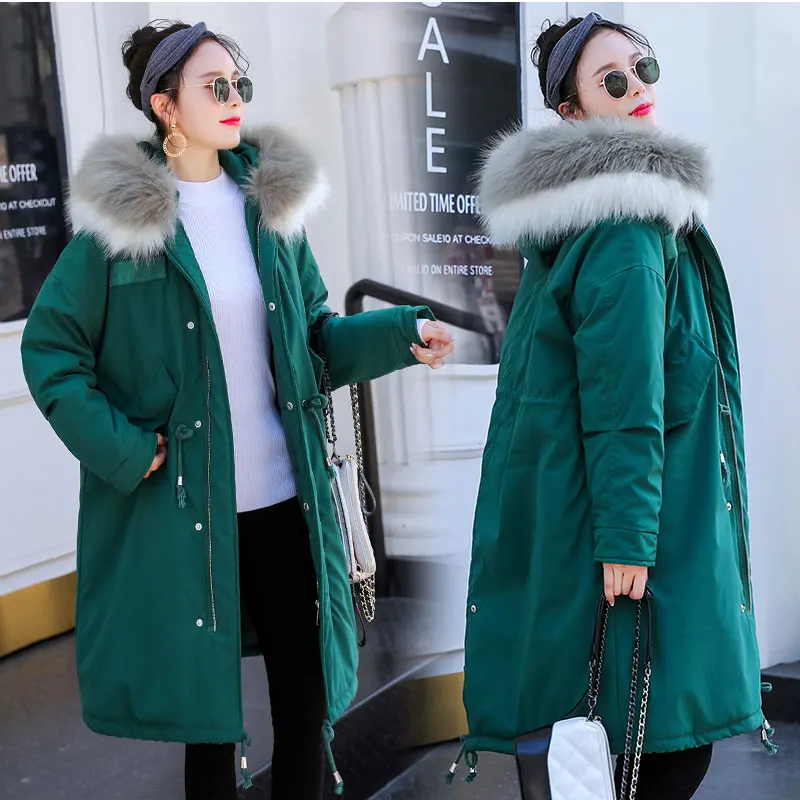 Dark green Высокое качество зимние длинные парки женские хлопковые куртки теплая верхняя одежда зимние пальто женский большой меховой воротник с капюшоном пуховик 673 - Цвет: Dark green