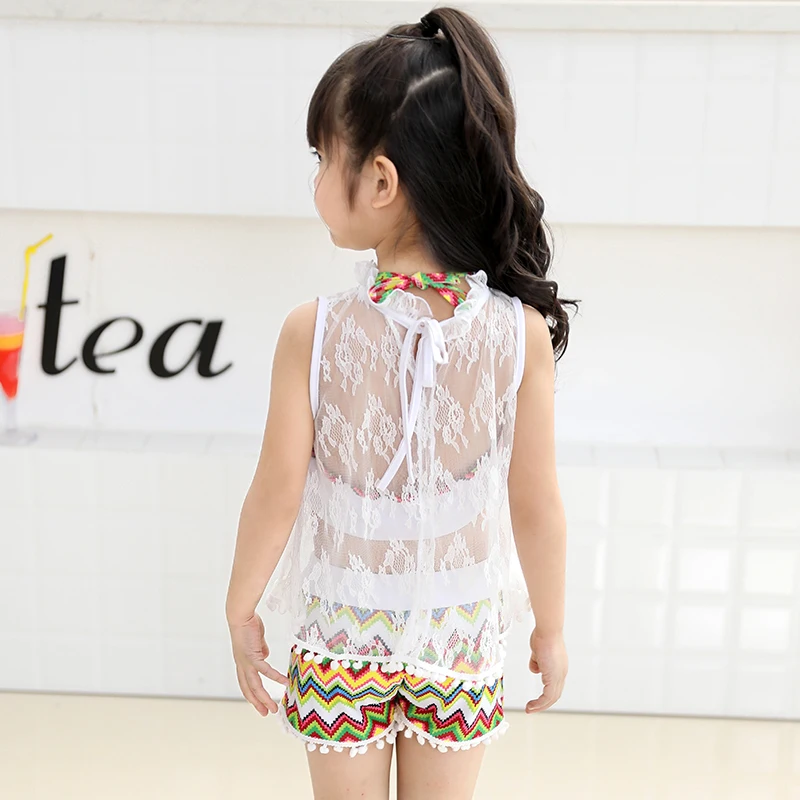 High waist Children's Two-Piece Suits White lace cover-ups 2018 new Girls swimsuit Beach cute print swimwear |