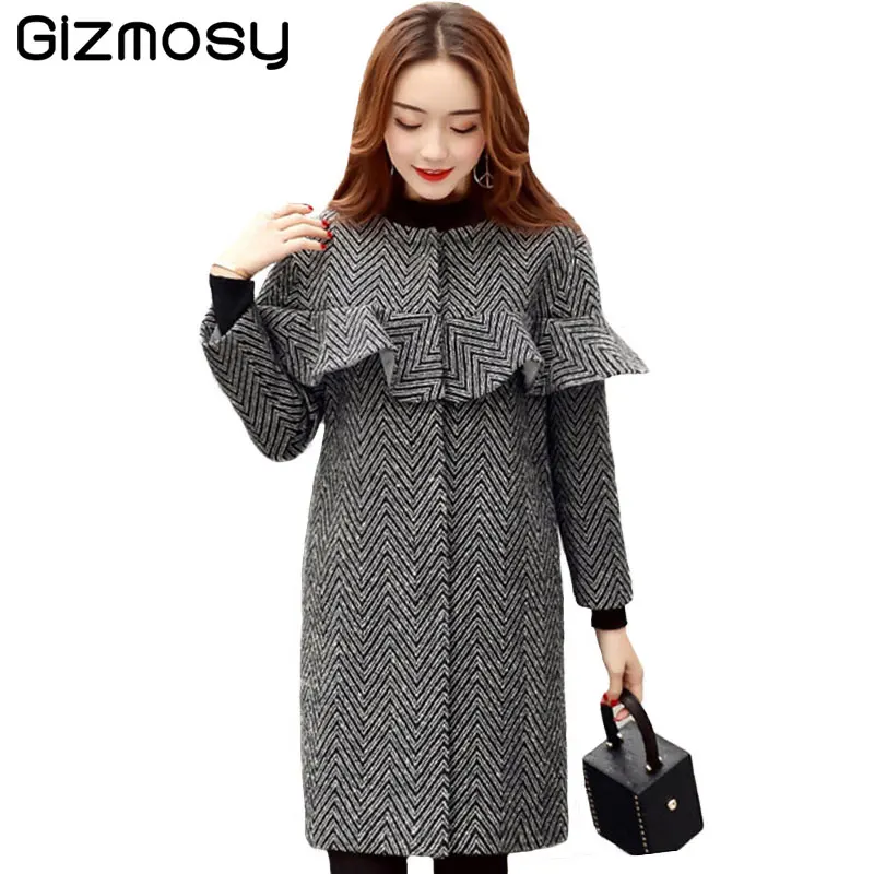 Осень 2019 женские пальто европейские шерстяные куртки Женское зимнее в полоску