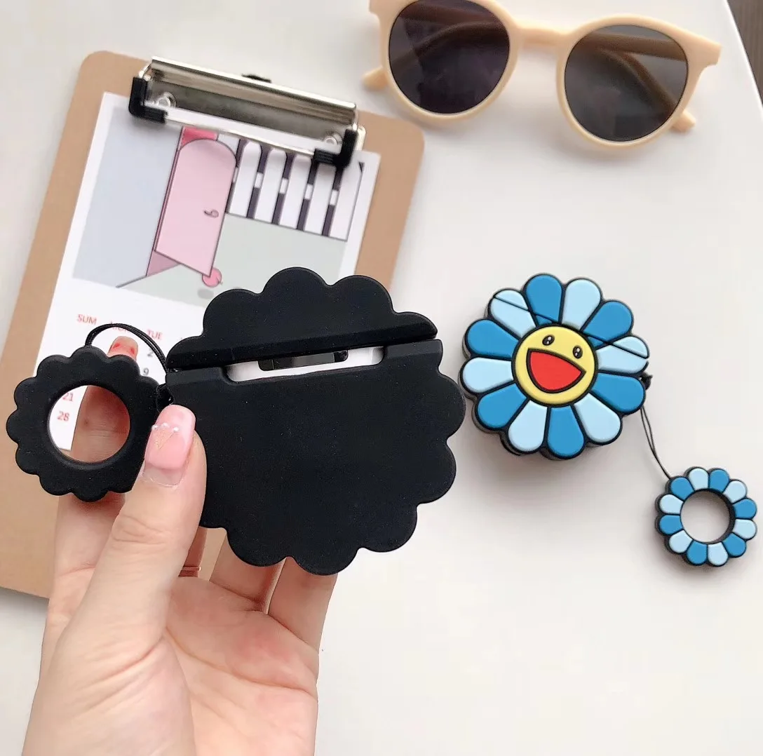 3D защитный чехол для AirPods2 милый чехол силиконовый bluetooth наушники чехол для Apple Airpods уникальный дизайн с подсолнухами с кольцом