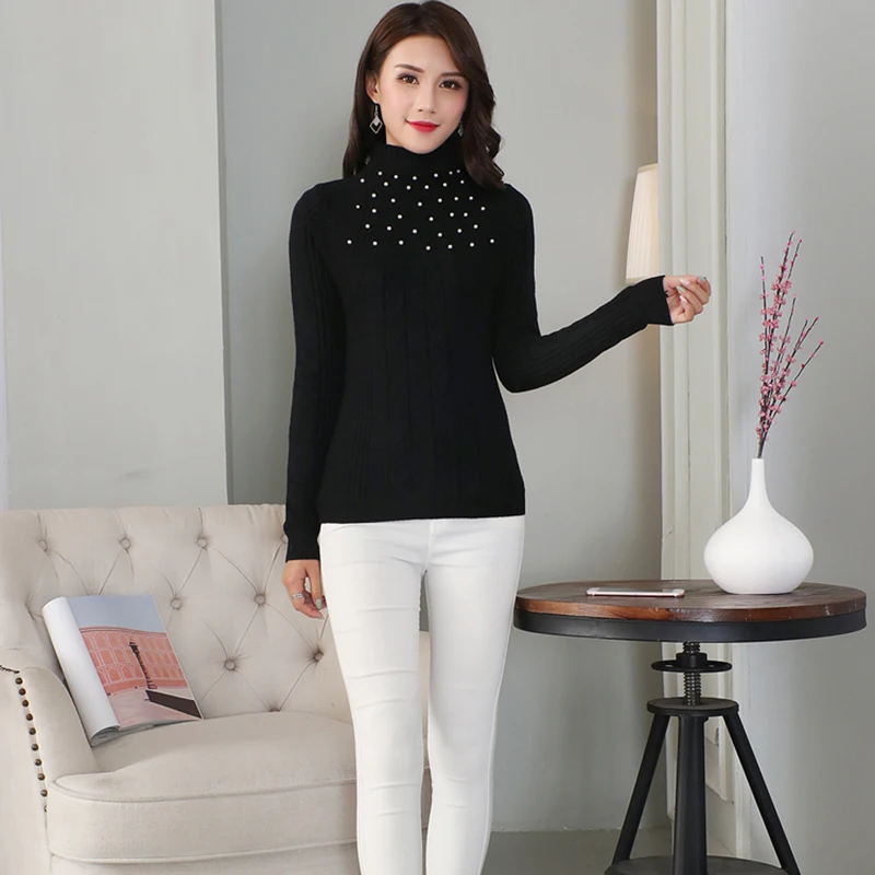 Autumn Winter Women Knitted Sweater 2018 Fashion Beading Wild Long-sleeved Half-high Collar Slim Knit Pullover Sweaters | Женская одежда