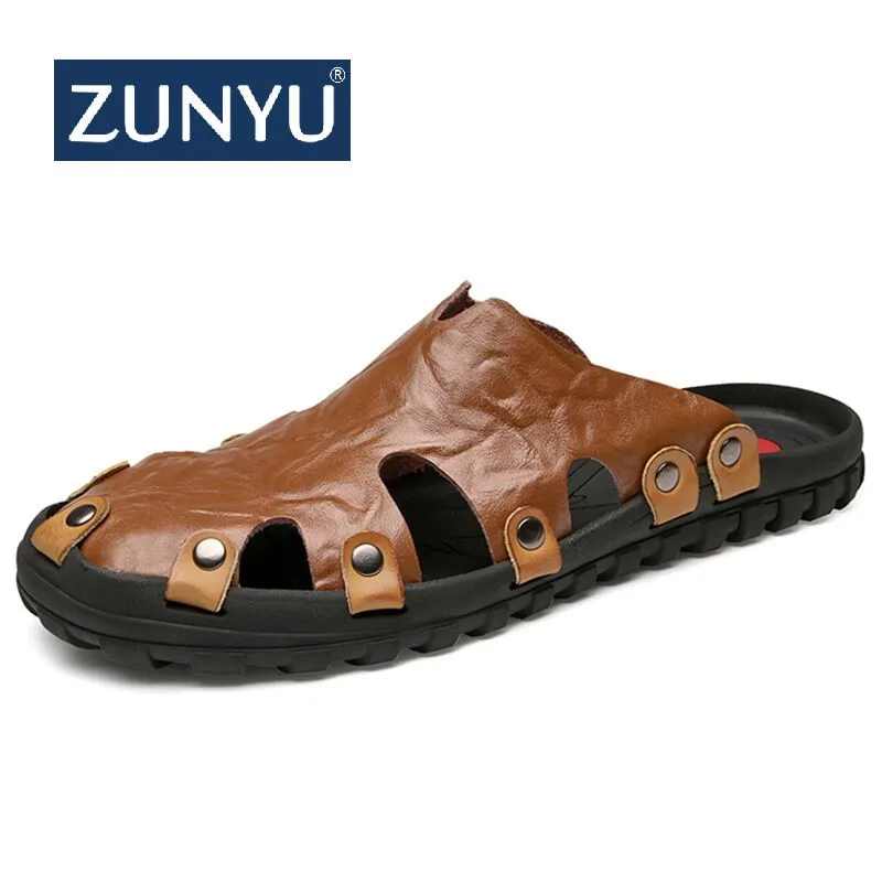 Мужские кожаные шлепанцы ZUNYU модные летние пляжные тапки массажные большие