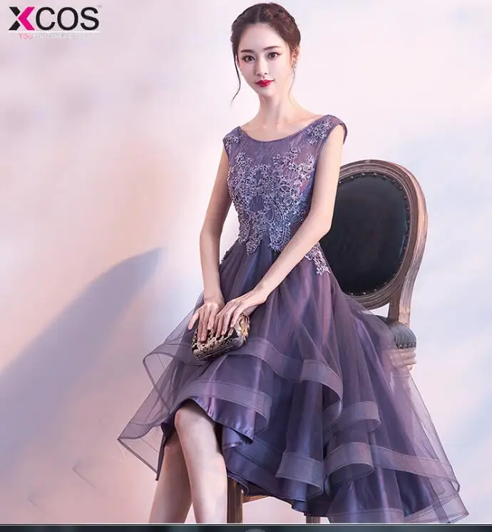 as the picture Фиолетовое коктейльное платье Элегантные Высокие Низкие аппликации vestido Коктейльная ложка короткие платья для выпускного - Цвет: as the picture