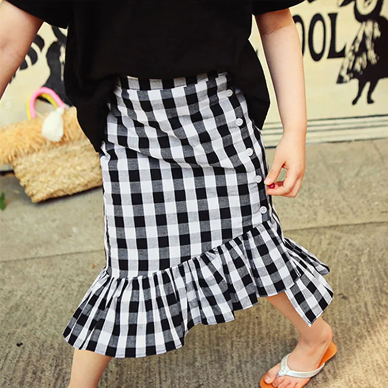 black girl skirts Хлопковые юбки с оборками для маленьких девочек-подростков; длинные Детские Юбки Русалки в бело-синюю клетку для девочек; осенне-весенняя одежда для детей - Цвет: black girl skirts