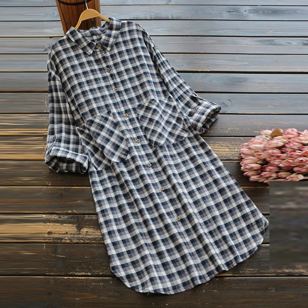 Женское клетчатое Повседневное платье трапециевидной формы с длинным рукавом и