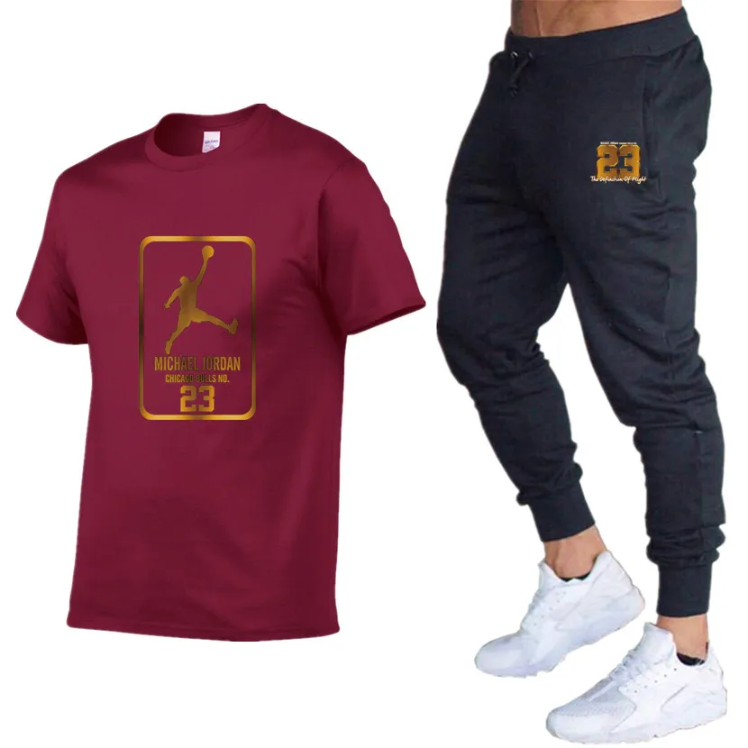 Качественные Брендовые мужские комплекты Jordan 23 футболки+ брюки Мужская брендовая одежда костюм из двух предметов спортивный костюм футболки спортивные залы тренировка набор для фитнеса