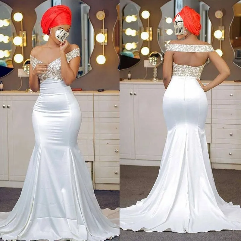 

Vestido De Festa White Evening Dresses Elegant Off Shoulder Long robe de soiree African Gowns Evening Pageant Dress Beaded