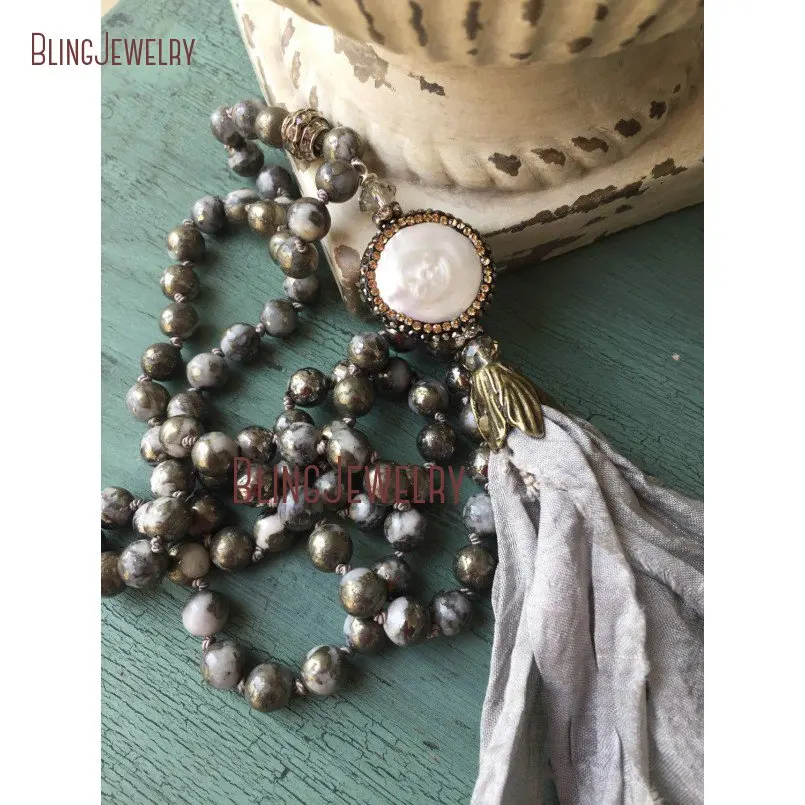 

Boho Glam Shabby Sari Silk Tassel Necklae Knot Pyrites Beads Necklace NM18289
