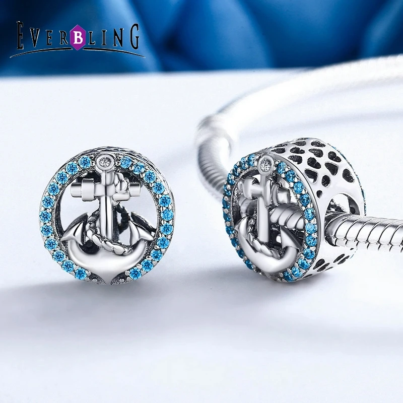 Everbling изделия якорь синий cz 100% стерлингового серебра 925 Шарм Бусины Fit Европейский