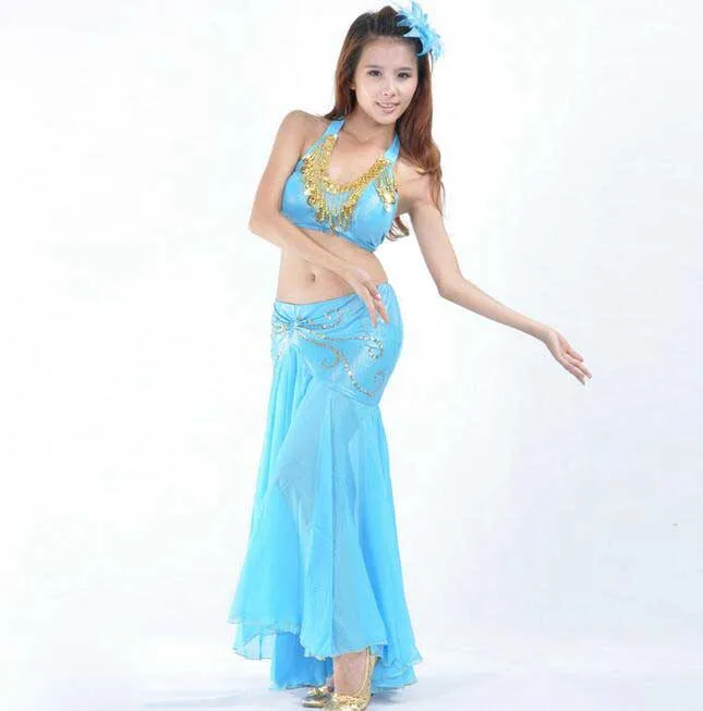 Light Blue 12 Цветов сцены Восточный танец одежда для Танцев Живота Танцы костюм Танцевальная и сценическая одежда для Для женщин бюстгальтер+ платье 2 шт./компл - Цвет: Light Blue