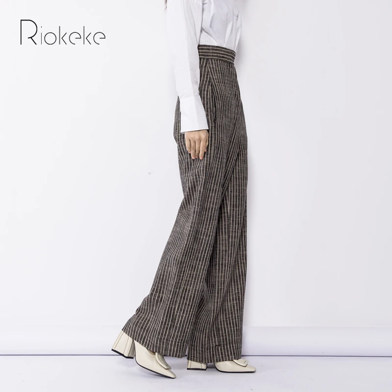 Riokeke/Винтажные льняные полосатые широкие женские брюки с высокой талией