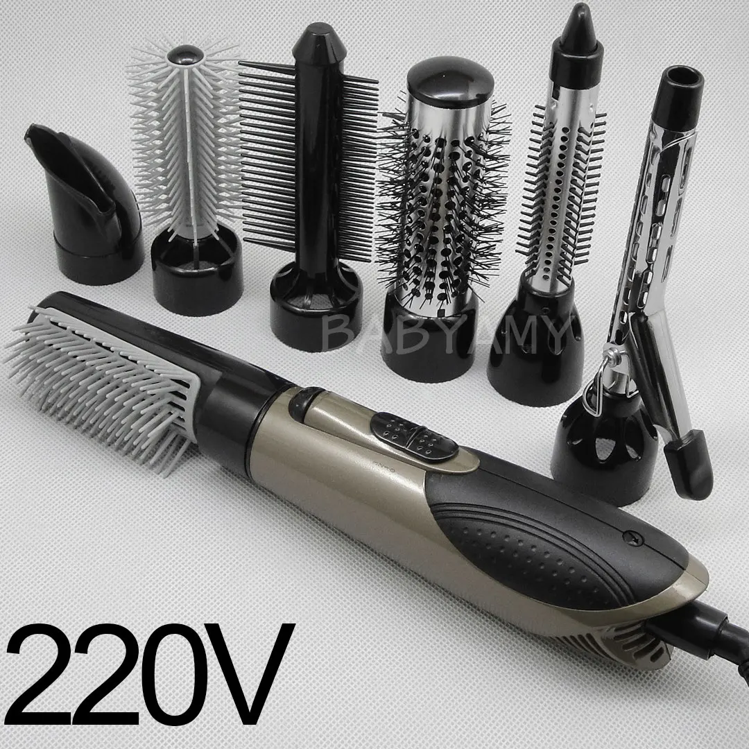 Silver 220V 7 в 1 Многофункциональный профессиональный фен для волос с отрицательными ионами с расческой, набор фен для волос, щипцы для завивки волос, прямые волосы с 7 насадками - Цвет: Silver 220V