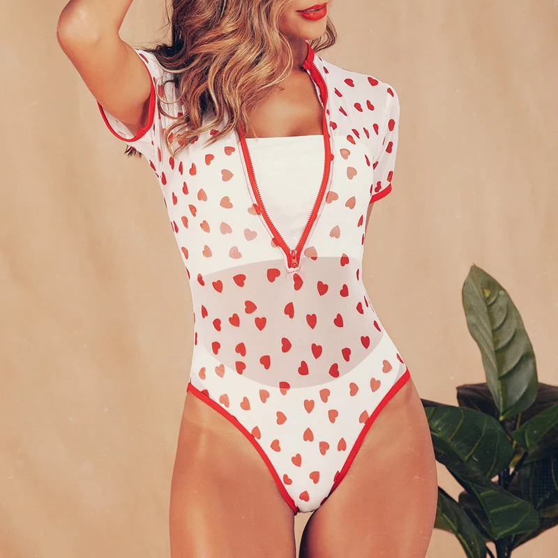 Бикини с коротким рукавом 2019 сексуальный купальник на молнии сетчатый Цельный