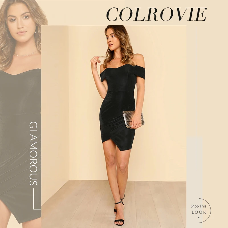 COLROVIE, Черное женское платье с открытыми плечами и рюшами,, сексуальная летняя одежда без рукавов, женское Гламурное облегающее платье
