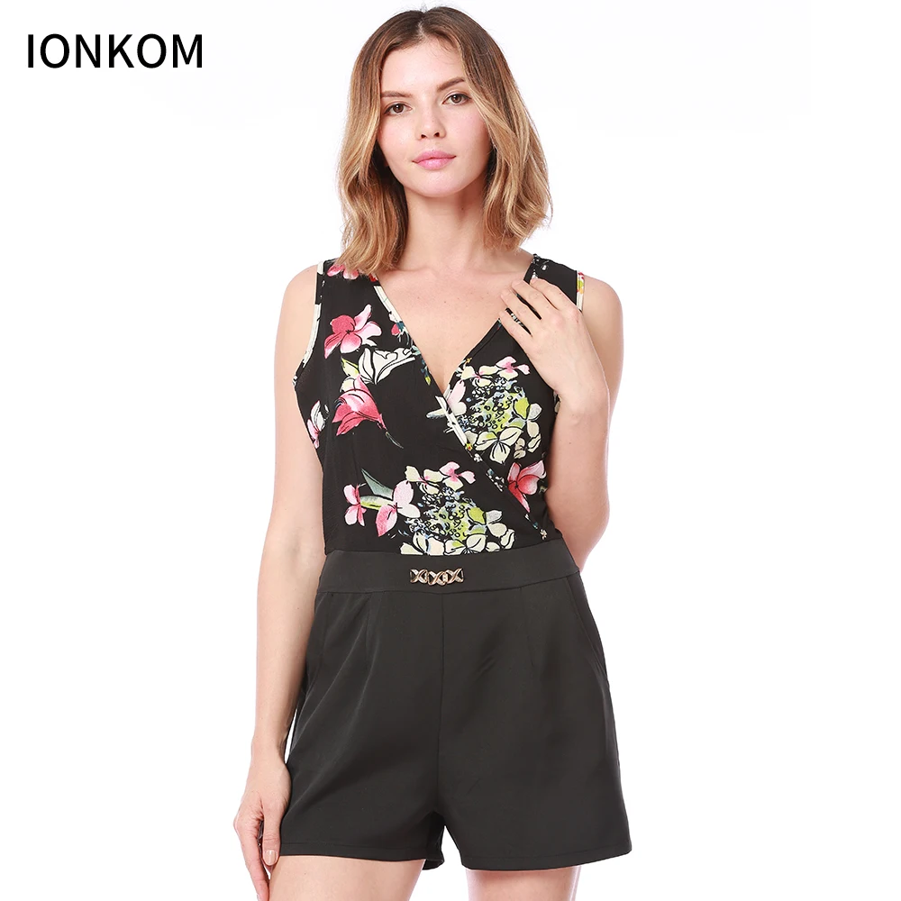 IONKOM Flower Print Keyhole Back Romper 2018 Summer V Neck Sleeveless High Waist Short Jumpsuits Women Bodycon Party | Женская одежда