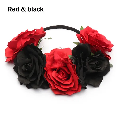Red and black HOOH женский свадебный цветок корона ободки Девушки Бохо повязка на голову для невесты аксессуары, ленты для волос лента бант Венок повязка на голову - Цвет: Red and black