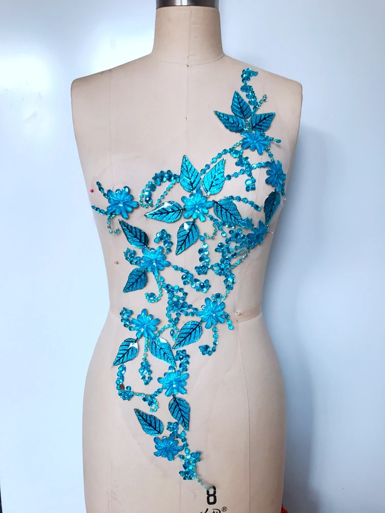 

New pure handmade rhinestones applique 60*29cm light blue sew on crystals patches trim for dress DIY accessories