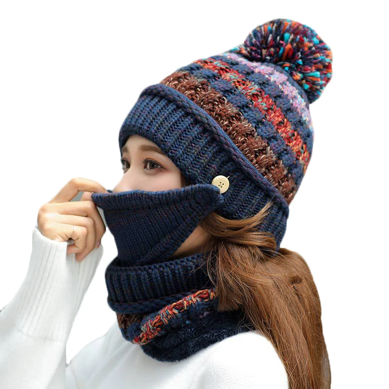 

Fashion Winter Hat Scarf Set For Women Girls Warm Beanies Ring Scarf Pompom Winter Masks Hats Knitted Cap And Scarf 2 Pieces/Set