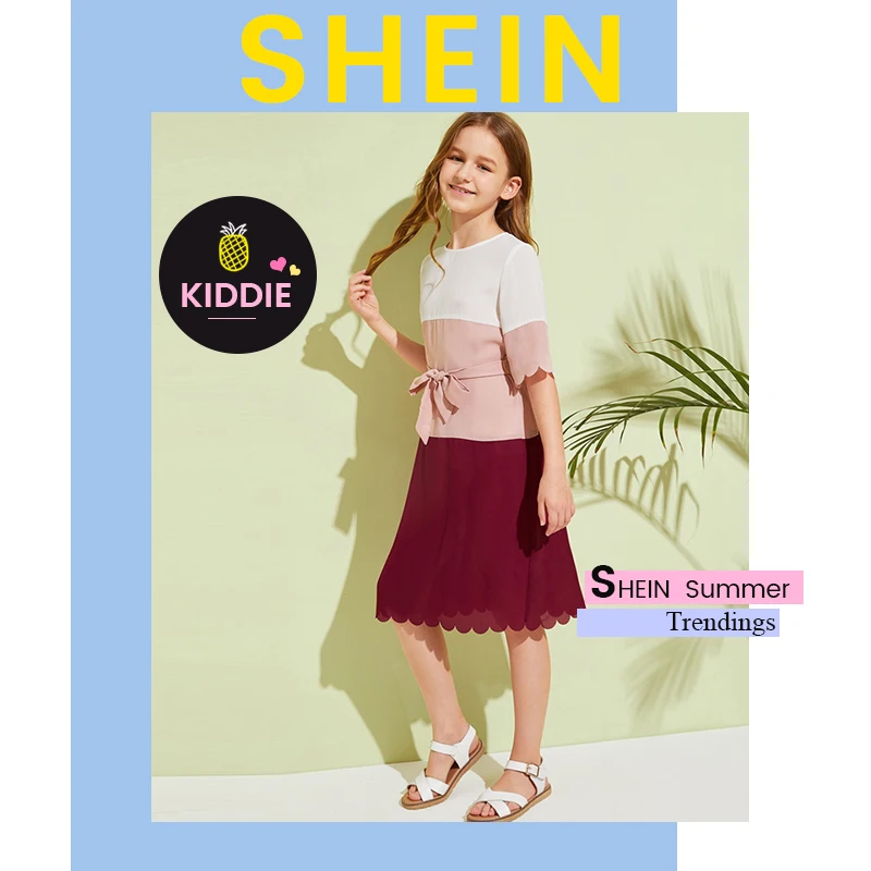 SHEIN/ г. Детское платье-туника для девочек с вырезами и швами; платье с поясом; Детские Летние Повседневные платья средней длины с коротким рукавом и цветными блоками
