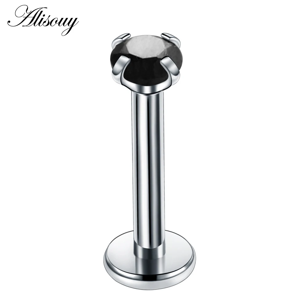 Silver Black Alisouy 1 шт. стальные кольца для губ внутренняя нить Лабрет пирсинг спираль серьги пирсинг для пупка кольца стержни зубец драгоценный камень ювелирные изделия для тела - Окраска металла: Silver Black