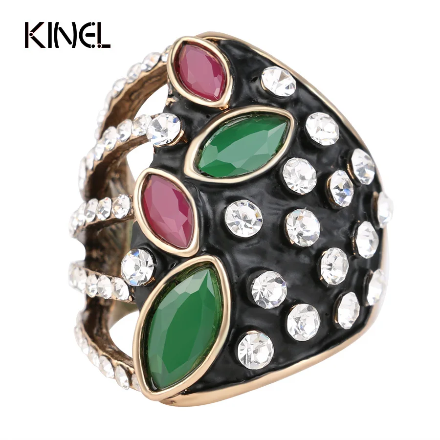 Женское Винтажное кольцо с крупными кристаллами золотого цвета черной эмалью