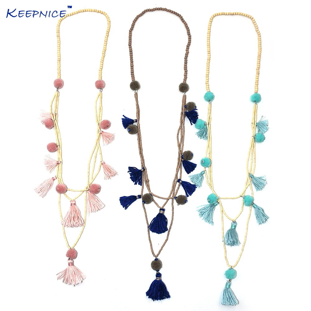 Новые богемные деревянные бусы в стиле бохо ожерелья с розовыми кисточками и