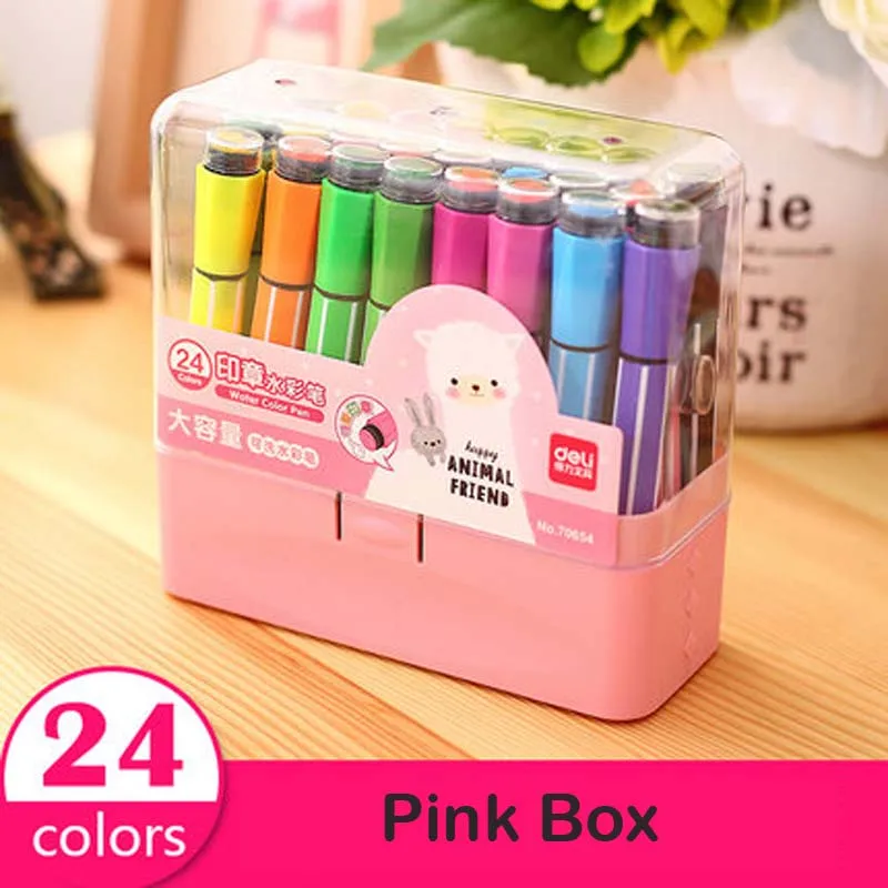 24 colors Pink Box 1 комплект с двойной головкой, детские моющиеся акварельные ручки с принтом, подарок на день рождения, вечерние украшения - Цвет: 24 colors Pink Box