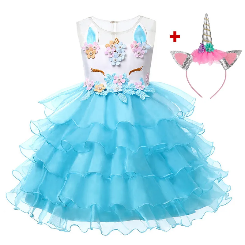 A002 Blue 2 pcs Рождественское платье с единорогом для девочек; Детские платья принцессы для девочек; свадебные платья; Косплей; вечерние платья с единорогом для девочек; vestidos - Цвет: A002 Blue 2 pcs
